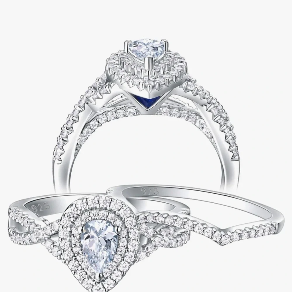 Sterling silver pear shaped, pave engagement style ring set, size 8 - Picture 3 of 3